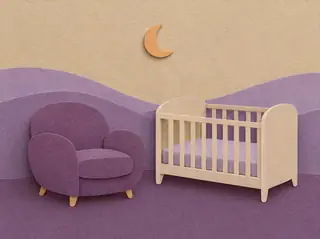 Paper-cut plum armchair beside an empty cream crib on lilac hills