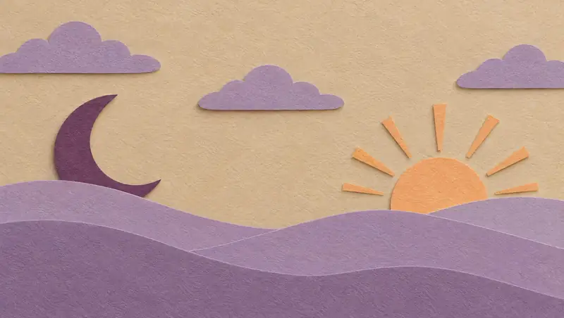 Paper-cut dawn: a plum moon setting and an apricot sun rising over lilac hills