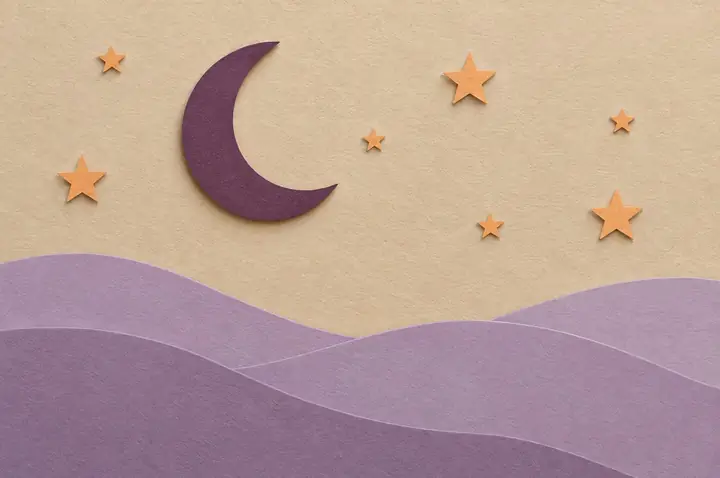 Layered paper-cut of a plum crescent moon and apricot stars over lilac hills