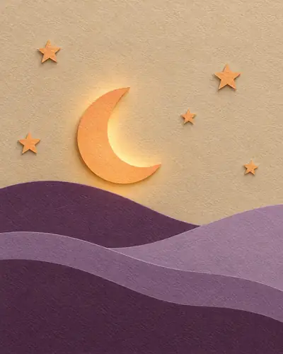 Paper-cut moon night light glowing apricot over plum hills