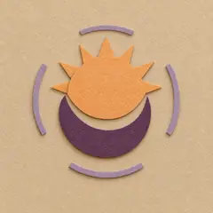 Paper-cut sun over a plum crescent moon inside lilac arcs